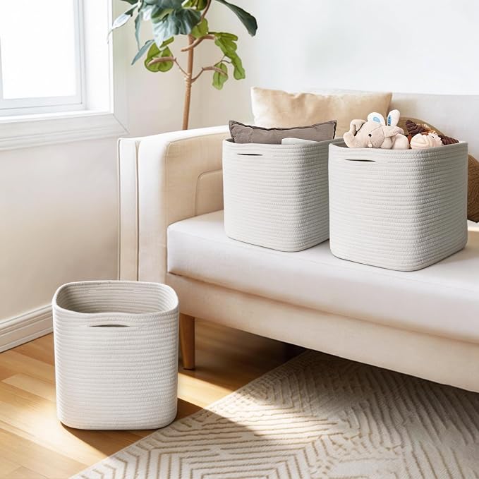 11x11x11 Cube Storage Bin - 3 Pack Woven Storage Cubes Organizer, 11 Inch White Cotton Rope Baskets for Organizing, Square Baskets for Shelves, Nursery Closet Bins, Cubby Toy Box Organizer