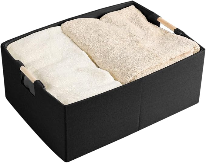 Fabric Storage Box, 13x9in Foldable Cotton Linen Basket with Wooden Handle | Small Rectangular Cube Decorative Home Laundry Organizer Clothes Blanket Container Organizing Clothes Sheets Jeans, Black