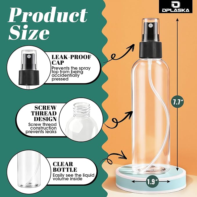 6 Packs 8 oz Clear Plastic Spray Bottles, Black Fine Mist Sprayer | Refillable Empty Bottles with Cap, For Essential Oils, Perfumes, Travel, Cleaning Solutions, With Labels & Funnel
