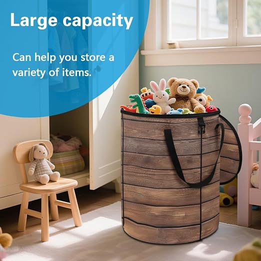 BIGCARJOB Wood Grain Collapsible Trash Can Portable Tall Trash Can Oval Recycling Bin 22.83x17.71 Outside Garbage Bin Storage Bag with Clip and Zipper Lid
