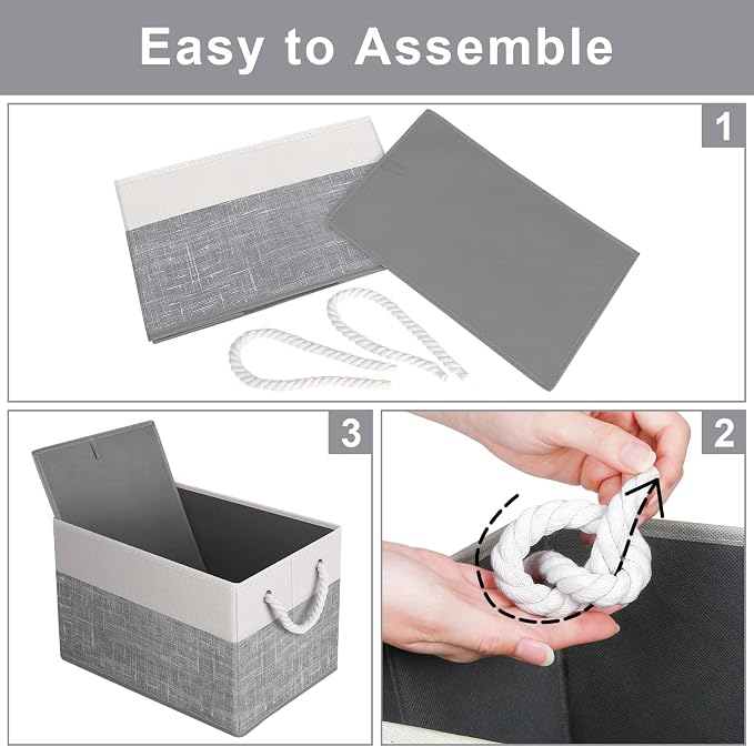 Storage Bins Foldable Storage Baskets with Rope Handles | 3-Pack Storage Bins for Organizing Toys, Books, Shelves, Closet, Large Storage Box Sturdy Organizer Bins, White & Grey