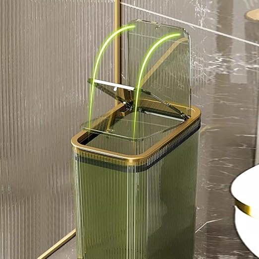 Bathroom Trash Cans with Lids, 2.6 Gallon (Green) | Garbage Can for Bedroom, Office, Plastic Slim Waste Basket with Press Top Lid, 10L Clear Trash Bin for Home, Kitchen
