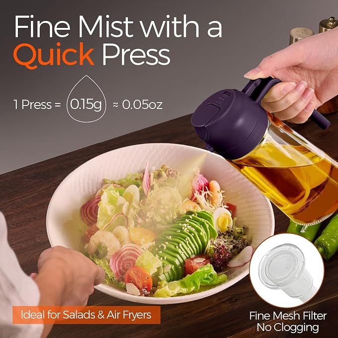 YARRAMATE 16 oz 2-in-1 Glass Olive Oil Sprayer for Cooking, BlackPurple | Food-grade dispenser bottle, 470 ml, spray and pour, portion control, stickers included, for salad, frying and BBQ