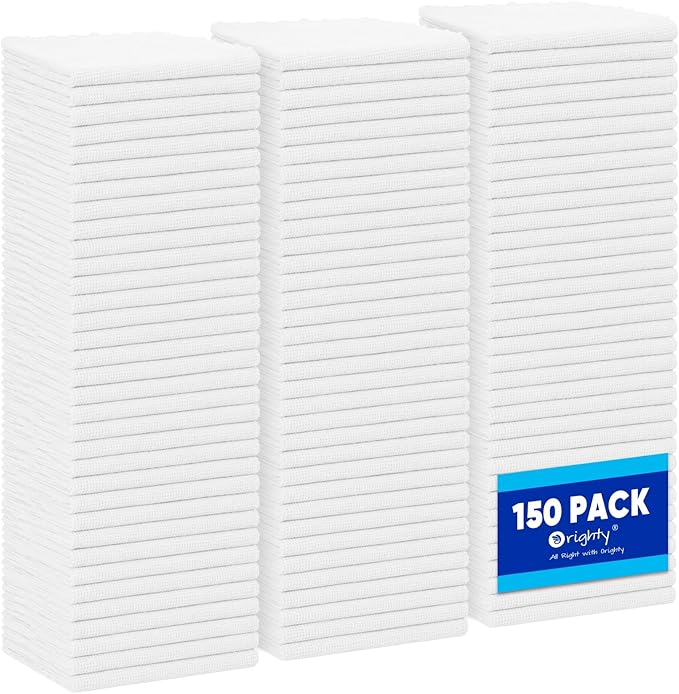 Orighty Microfiber Cleaning Cloth Bulk, 150 Pack Shop Towels 12x12in, White | Reusable Microfiber Towels for Cars, Shop Rags, Multi-Purpose Lint Free Cleaning Rags for Home & Kitchen
