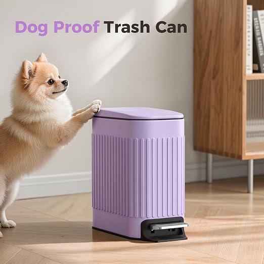 TrashAid 1.6Gal Slim Bathroom Trash Can with Lid Soft Close & Pedal, Purple | Removable Inner Bucket, Stainless Steel Garbage Can, Small Wastebasket for Toilet/Office/Bedroom, Retro Design, Odor Control