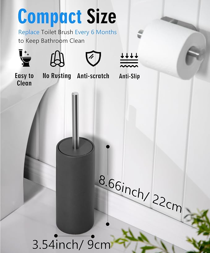 Matt Gray Ceramic Toilet Brush and Holder Set | Freestanding Toilet Bowl Cleaners Brush, Scrubber Brush for Toilet, Bathroom Accessories with Stainless Handle, Deep Cleaning