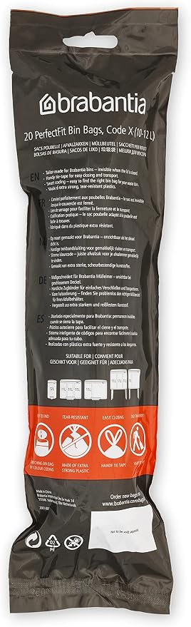 Brabantia PerfectFit Trash Bags (Size X/2.6-3.2 Gal) Thick Plastic Trash Can Liners with Drawstring Handles (200 Bags)