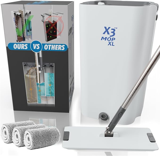 X3 Mop XL, Separates Dirty and Clean Water, 3-Chamber Design, Flat Mop and Bucket Set, Hands Free Home Floor Cleaning, 3 Reusable Microfiber Mop Pads Included (XL X3 Mop)