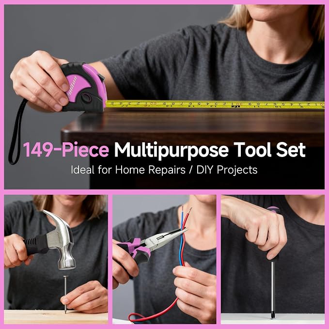 PULITUO Drill Set, 149-Piece Home Tool Set with 12V Pink Cordless Drill, Tool Box, Hand Tool Kits for Women & Men and DIY Enthusiasts, for Home Improvement