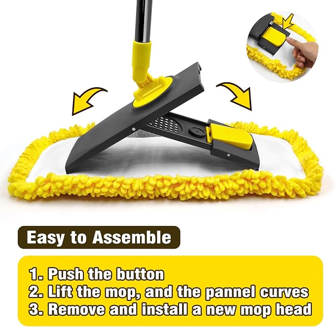 Dust Mop with Microfiber & Chenille Pads, Dry Wet Flat Mop for Cleaning Hard Wood Laminate Tile Vinyl Kitchen Bathroom Home (Yellow)