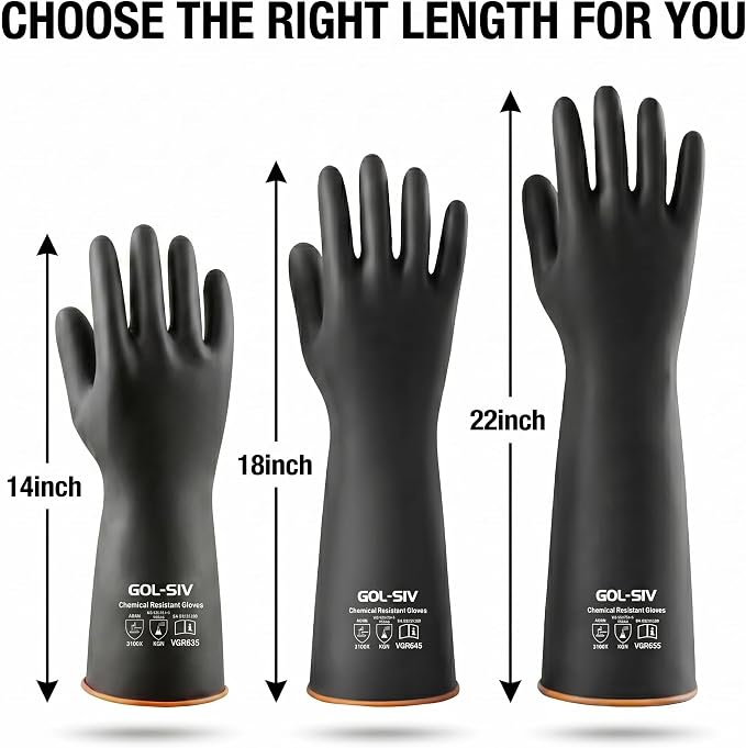 Heavy Duty Latex Gloves, Chemical Resistant Work Gloves - Waterproof, Resist Acid, Oil, Alkali - Extra Long Industrial Rubber Safety Glove for Sandblasting & Deep Tank, 22in, 6 Pairs
