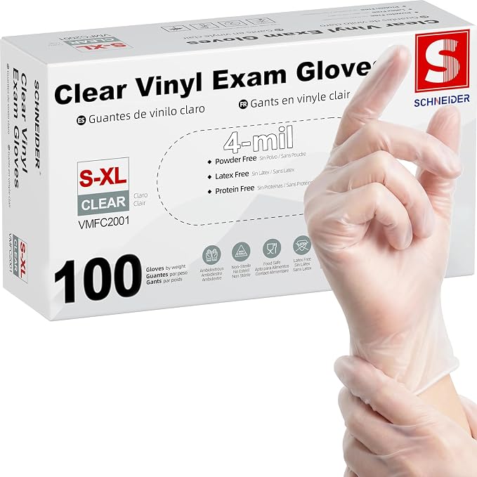 Schneider Medical Vinyl Exam Disposable Gloves Latex Free | Powder free, clear，Food Safe, Cleaning, Exam，Cooking，Food Prep， Comfortable Fit, Ambidextrous, Unisex