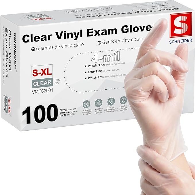 Schneider Medical Vinyl Exam Disposable Gloves Latex Free | Powder free, clear，Food Safe, Cleaning, Exam，Cooking，Food Prep， Comfortable Fit, Ambidextrous, Unisex