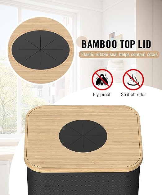 26 Gallon (100L) Recycling Bins for Kitchen with Bamboo lid, Black | with 2pcs Removeable and Reusable Inner Bags, Oxford Fabric, Recycle Trash Bin for Indoor Bottle Can Glass Plastice
