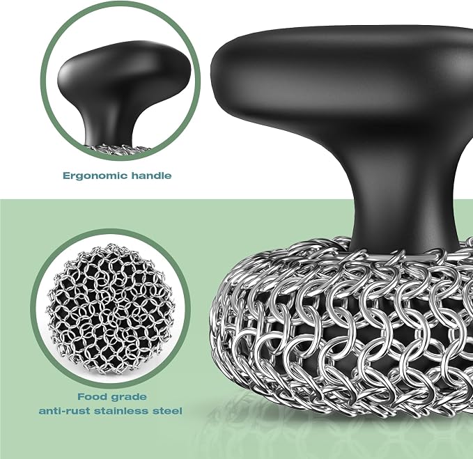 Cast Iron Scrubber Dish Scrub Brush 316 Chainmail Scrubber for Cast Iron | Dish Scouring Pad, Dishwasher Safe, Chain Mail Scrubber Cast Iron, Cleaning Kit, for Pan Skillet, Black
