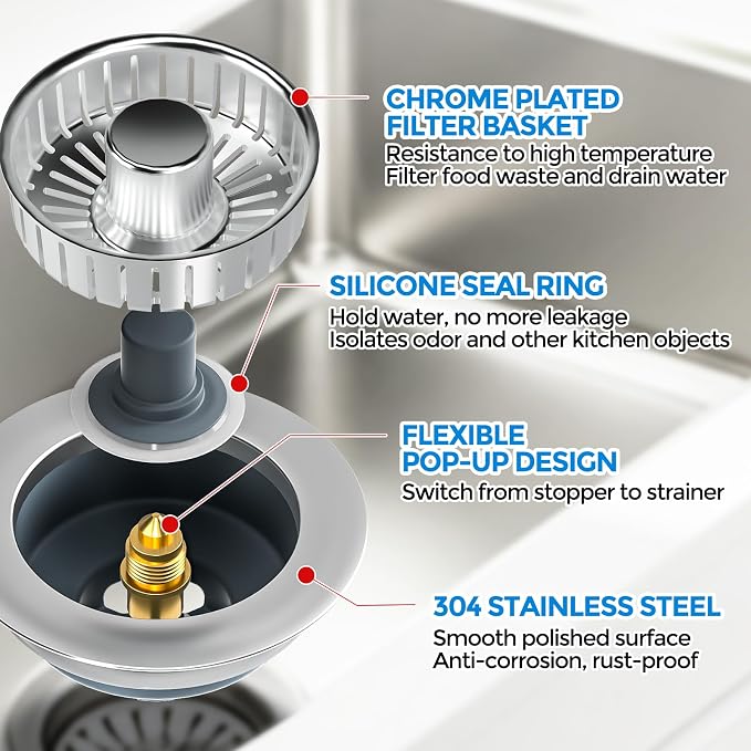 zaa 3 in 1 Kitchen Sink Drain Strainer Stopper Removable Basket Pop-Up | Kitchen Sink Accessories 2 Pack Brushed Silver Stainless - Food Catcher, Odor-Blocking Seal, Fits 3.5" Drain