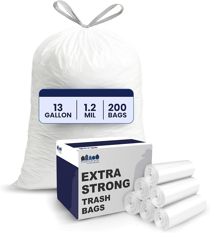 Plasticplace 13 Gallon Trash Bags â”‚ 1.2 Mil â”‚ White Drawstring Garbage Can Liners â”‚ 24" x 31", 200 Count (Pack of 1)