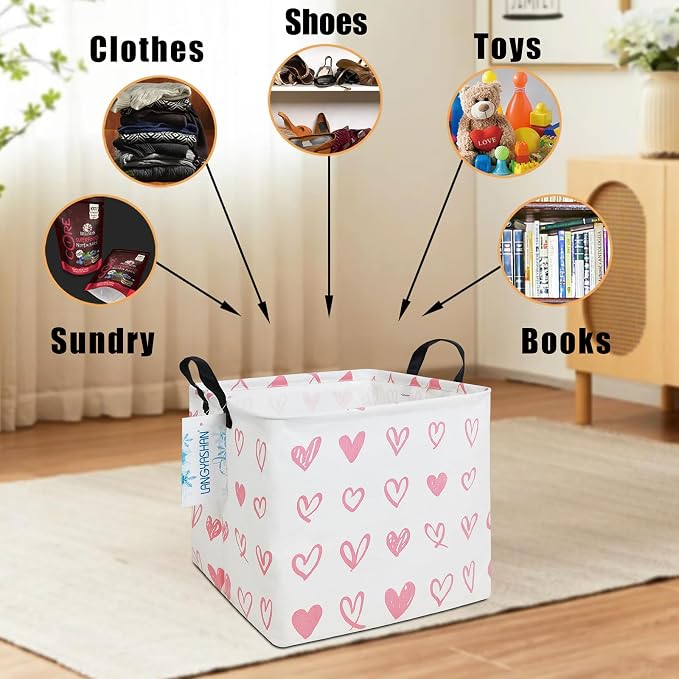 Square Storage Baskets Children Shelves Gift Toy Organizer Room Pink Heart | Laundry Hamper Collapse Canvas with Handles for Organizing Home Kitchen Children Toys Office Closet Shelf
