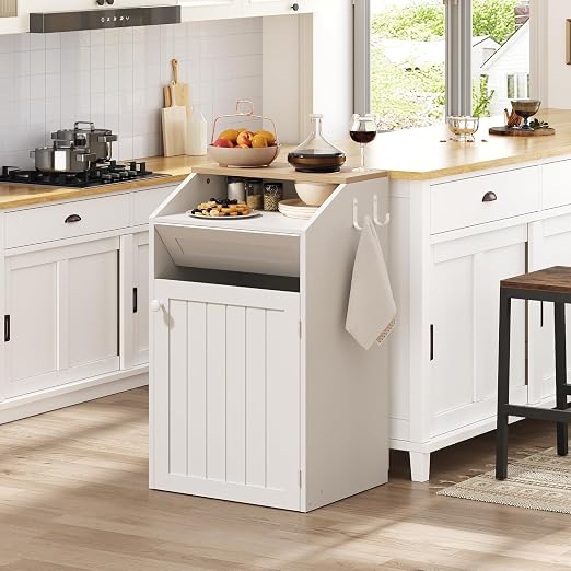Trash Cabinet, Freestanding Trash Can Cabinet, Wooden Recycling with Flip Door, 13 Gallon Hidden Kitchen Garbage Can for Kitchen, Living Room, White WB13WT