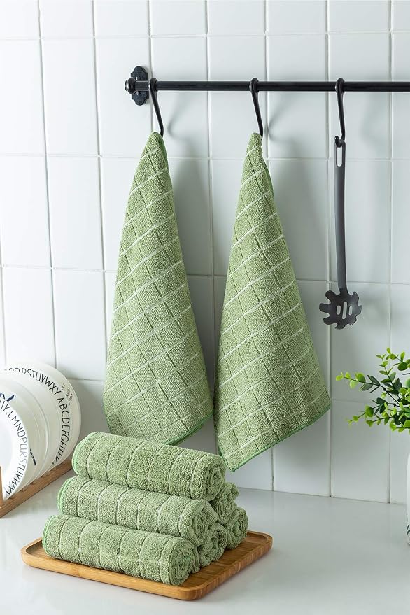 Microfiber Dish Towels - Soft, Super Absorbent and Lint Free Kitchen Towels - 8 Pack (Lattice Designed Olive Colors) - 26 x 18 Inch (Olive Green)