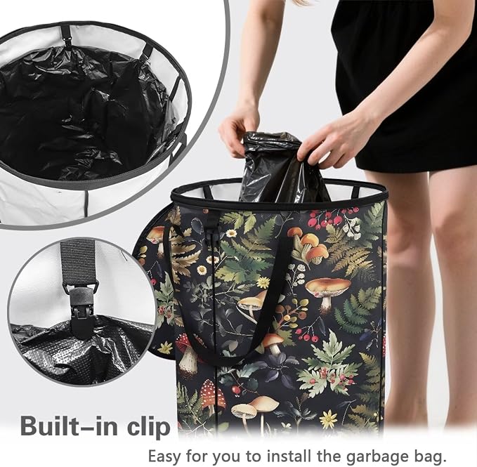 Leaves Mushroom Outside Garbage Can with Lid 24 Gallon Collapsible Trash Can Easy to Clean Pop-Up Storage Bag for Outdoor Parties Foldable Reusable Trash Bin Camper Must Haves
