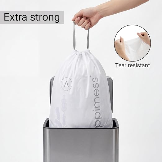 happimess 20-Count Lavender 8 Gal Drawstring Trash Bags, White, Pack of 5 | 30 Liters, Heavy Duty MDPE Plastic, Tear And Puncture Resistant, Tailored Custom Fit, Recyclable, Odor Control