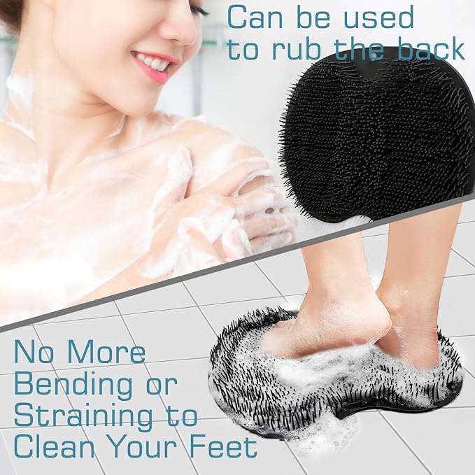 Shower Foot Scrubber Mat Back Washer Back Exfoliating Bath Wash Pad Wall Mounted Slip Suction Cups Foot Scrubber for Use in Shower Cups Foot Cleaner for Men and Women (Black)