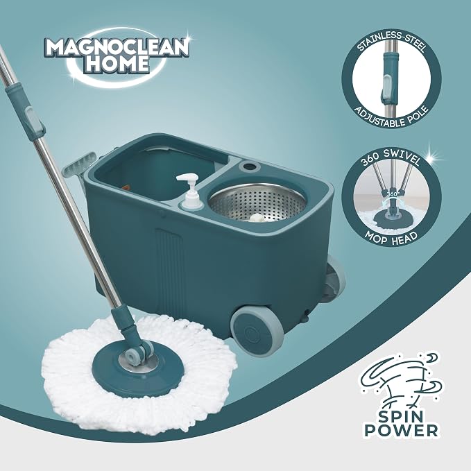 Spin Mop and Bucket System 11L with 2 Replacement Mop Heads, Hands-Free Wringer, Stainless Steel Adjustable Handle, Safe for All Indoor Floors, Grey and Blue