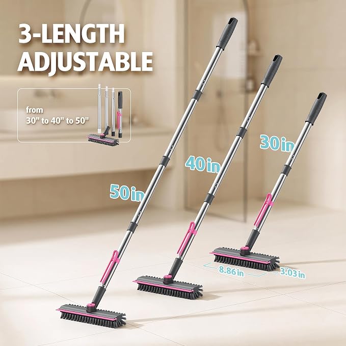 AIR U+ Floor Scrub Brush with Long Handle, 4 in 1 Floor Scrubber & Squeegee | Small Scrubber with Stiff Dual-Sided Bristles and Rotating Head for Shower, Bathroom, Bathtub, Kitchen and Patio, Pink