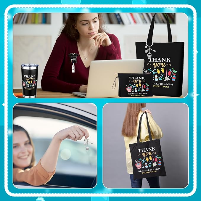 5 Pcs Housekeeping Appreciation Gifts for Women Housekeeping Week Gifts | 20oz Tumbler Mug Canvas Bag Cosmetic Bag Keychains Badge Holder Housekeeping Week Gifts for Cleaning Lady Housekeepers