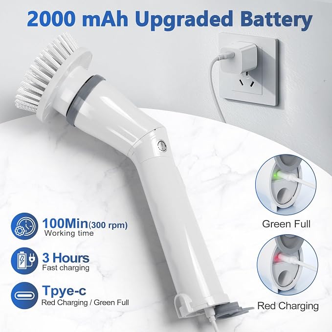 Qimedo Upgrade Rechargeable Electric Scrubber for Cleaning, 45-inch Handheld Spin Scrubber with Extended Long Handle, Cordless Power Dish Scrubber with 6 Brushes for Bathtub Grout Tile Floor