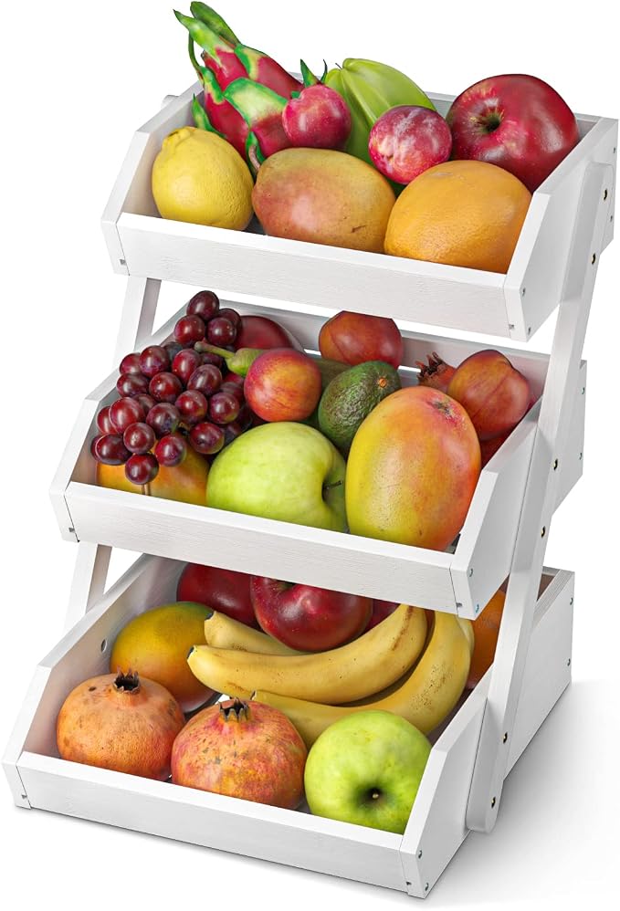 G.a HOMEFAVOR 3-Tier Fruit Basket for Kitchen Counter, White, Self-assembly | Large Fruit Bowl for Fruit Shop, Vegetable Storage Stand and Home Organizer, 15 mm Thickness