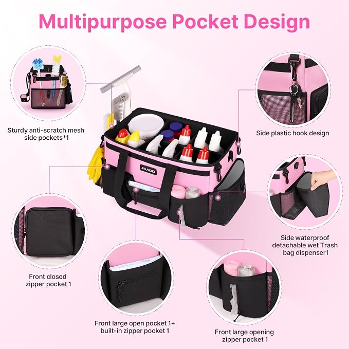 JKAOO Large Wearable Cleaning Caddy Bag with Handles, Pink | Adjustable Shoulder & Waist Straps, Removable, Waterproof Tote for Cleaning Supplies, Home, Car, Office