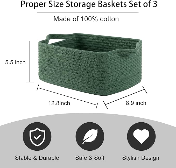 OIAHOMY 3 Pack Storage Baskets for Shelves Cotton Rope Storage Bins Green | Woven Baskets for Storage Nursery Storage Basket with Handles Baskets for Organizing Small Baskets Gift Baskets Empty