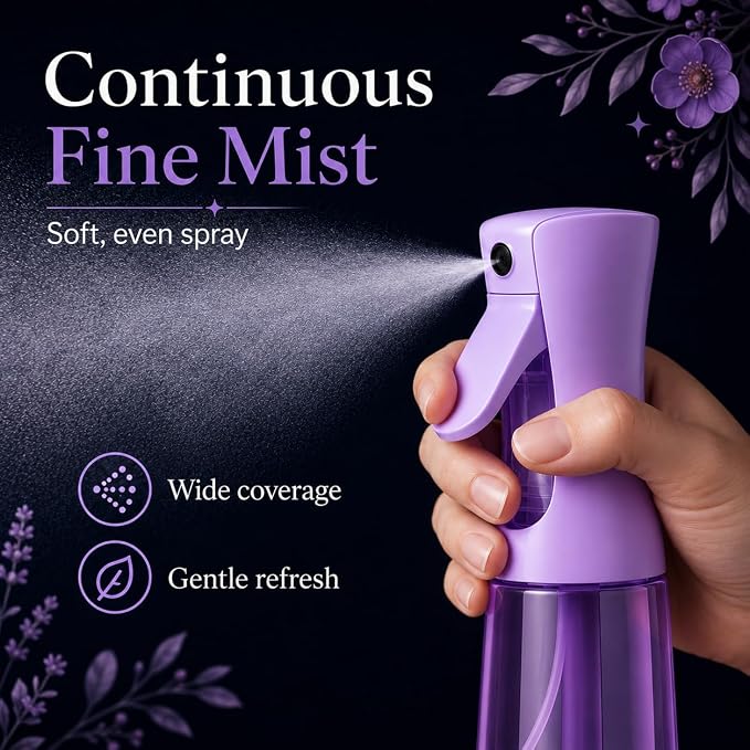 3 PCS Spray Bottles, 2-Pack Continuous Spray Bottles,Fine Water Mist Spray Bottles for Hair 6.8 OZ (200 ML) and 1oz 30ml Travel Spray Bottle Mister (Purple+Green)