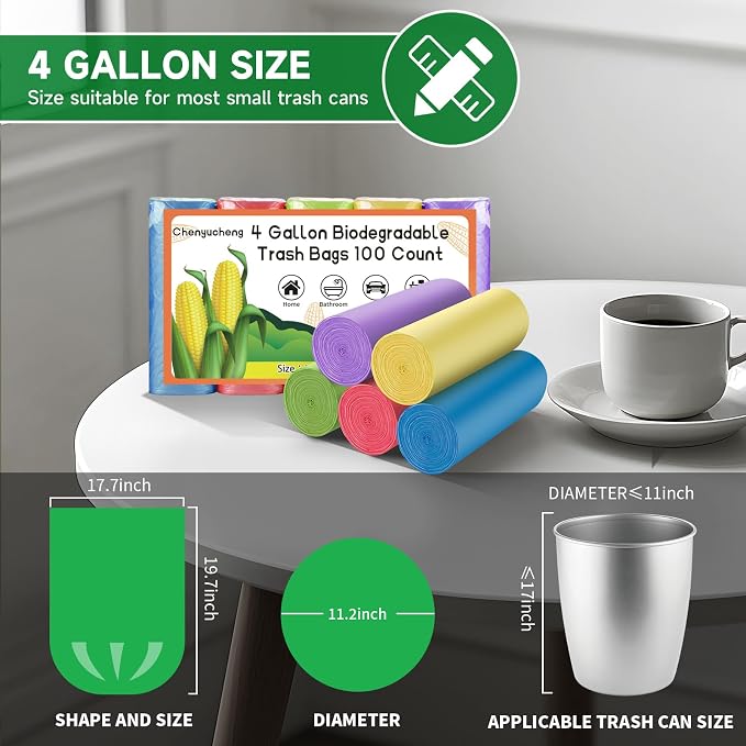 Small Bathroom Trash Bags 4 Gallon 100 Count Biodegradable | 4 Gal Colorful Mini Garbage Bags,15 Liter,Waste Basket Liners For Kitchen Office Car,Unscented,Strong,Thick