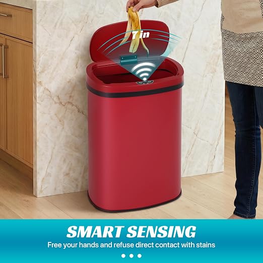 BLKMTY 13-Gallon Stainless Steel Trash Can with Lid, Red, 50L | 50 Liters Garbage Can, Touchfree Motion Sensor Garbage Bin, Tall Automatic, For Home Office Bathroom
