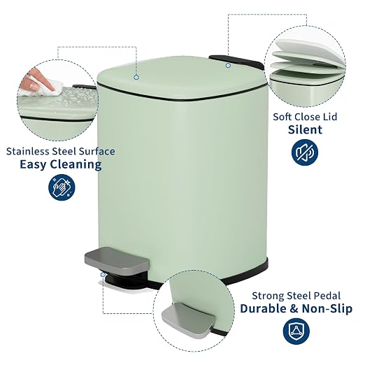 Garvee Bathroom Trash Can with Lid, 1.6 Gallon Small Garbage Can, Green | Step Pedal, Soft-close Lid, Rear Handle, Removable Plastic Inner Liner with Trash Bag Retainer Ring, for Kitchen, Office
