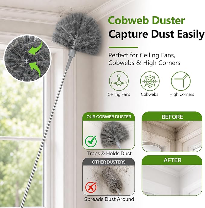 13-Piece Duster with Extension Pole, Cobweb Duster for High Ceiling | Spider web brush and flat gap cleaner for homes, apartments, fans, blinds, walls, furniture, cars and under appliances