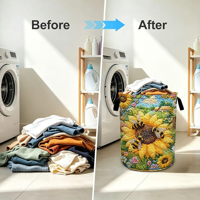 Bee Sunflowers Laundry Basket Foldable Oxford Laundry Hamper With Handle For Room Bathroom Bedroom