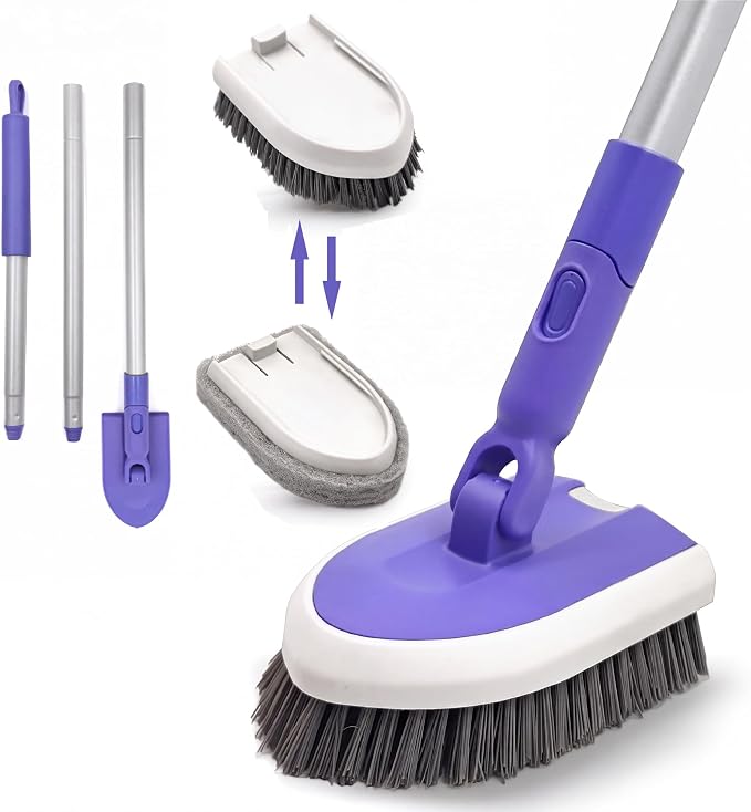 Tile Tub Scrubber Brush, Shower Scrubber Cleaning Brush with Long Handle | 2 Detachable Cleaning Heads, 180° Swivel Head for Cleaning Bathroom Kitchen Wall Tub Tile Shower