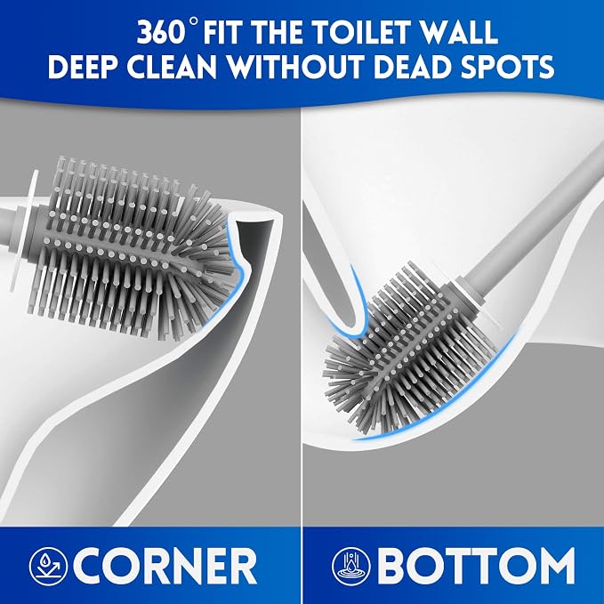 Y-in Hand Toilet Brush and Holder Set, Silicone Toilet Bowl Cleaner Brush Bristles, Bathroom and RV Cleaning Tools, Space Saving Toilet Scrubber, Wall Mountable. (Grey)