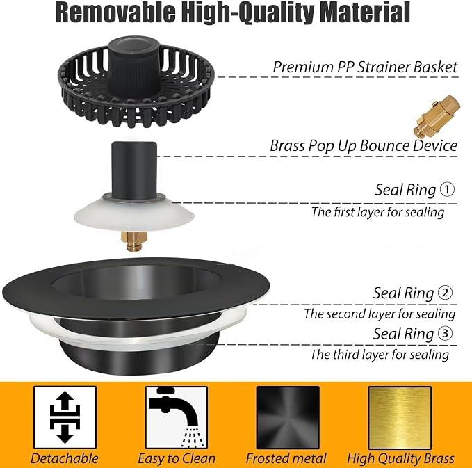 Anlige Kitchen Sink Drain Strainer, 3 in 1 Pop Up Kitchen Sink Stopper | with An Extra Basket Strainer, Universal for US Standard 3-1/2 Inch, Black