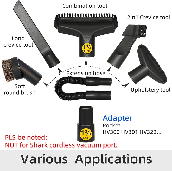 Vacuum Attachments Compatible with Shark Corded Vacuums, Rocket HV301 HV322 HV370 Series, 1 1/4" Accessories with Extension Hose Adapter (Car Detailing Kit)