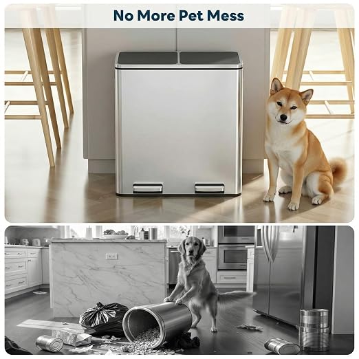 ComfyCorner 2 x 8 Gallon (2 x 30 L) Rectangular Stainless Steel Trash Can | Dual Compartment Garbage Bin with Recycling Combo, Metal Dustbin Lid,Removable Liner,Hands Free Waste Bucket for Kitchen Home