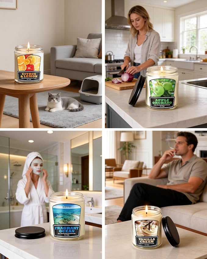 AOOVOO Vanilla Cream Odor Eliminating Candle - 9 oz Non Toxic Soy Candle | Eliminates 95% of Smoke, Food, Pet and Other Smells Quickly, Up to 50 Hours Burn time, Highly Fragranced Air Freshing Candle