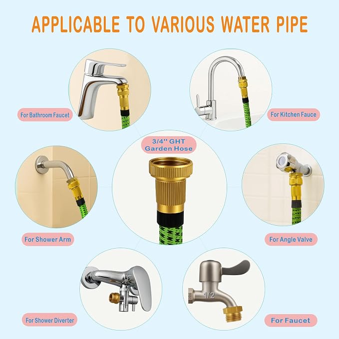 Shower Hose Adapter, Sink Faucet Adapter Kit to Garden Hose Adapter | Brass Sink Adapter, Threads: G1/2" Female, 55/64"-27 Female and 15/16"-27 Male to 3/4" GHT Male, with Washers and PTFE Tape