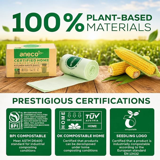 ANECO 8 Gallon Compostable Kitchen Food Waste Bags, 30 Count | With Handles, Leak-proof, For Tall Kitchen Bin, BPI & OK Compost HOME Certified