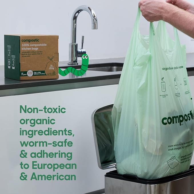 Compostic Compostable Trash Bags, 3 Gallon Small Bathroom & Office (100 Count) Bulk Pack — Extra Strong, Home Compostable, Plant-Based, Non-Toxic Garbage Bags