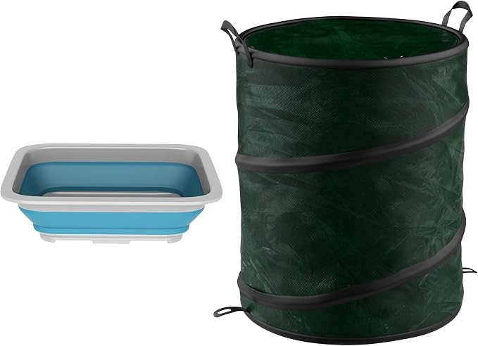 Wakeman Collapsible Trash Can and Camp Sink Set - 29.5-Gallon Garbage Bin and 7-Liter Wash Basin - Camping Accessories Outdoors (Blue and Green)